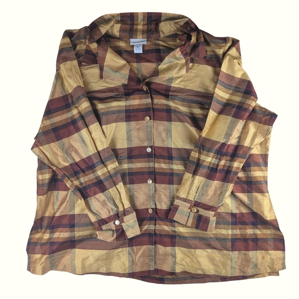 Womens‎ 100% Silk Plaid Button Down Blouse Gold  Brown Long Sleeve 26/28 Avenue